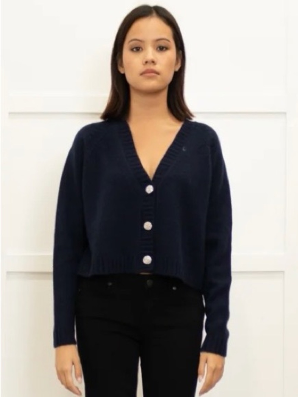 BA&Sh Navy V-Neck Cashmere Diamanté Button Cropped Cardigan